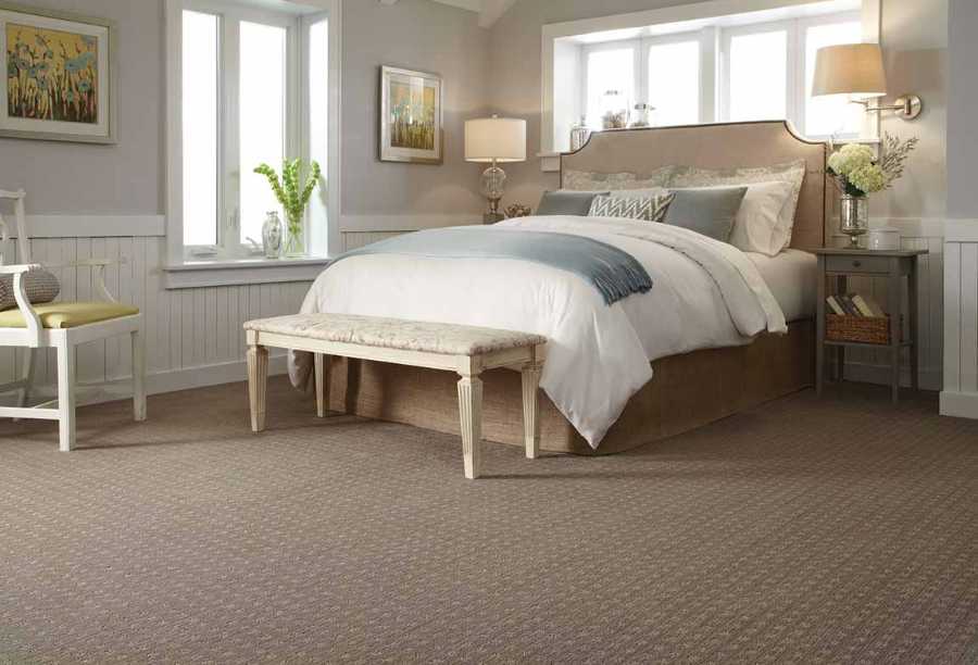 beige and white transitional bedroom with carpet